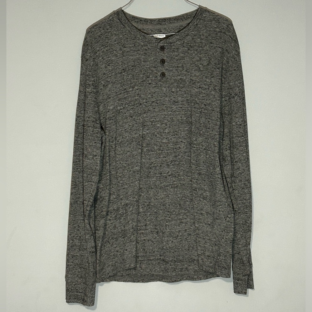 Old Navy Men’s Soft Washed 3 Button Speckled Light Grey Waffle Long sleeve Tee